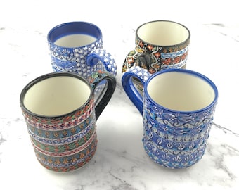 Handmade Ceramic Tea/Coffee Mugs With Traditional Decorative Figured