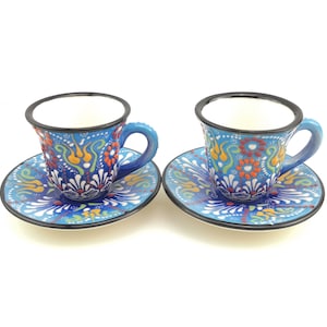 Handmade Turkish Coffee (Espresso) Cup Saucer Set Of 2 Porcelain Flowers Design - Turkish Pottery