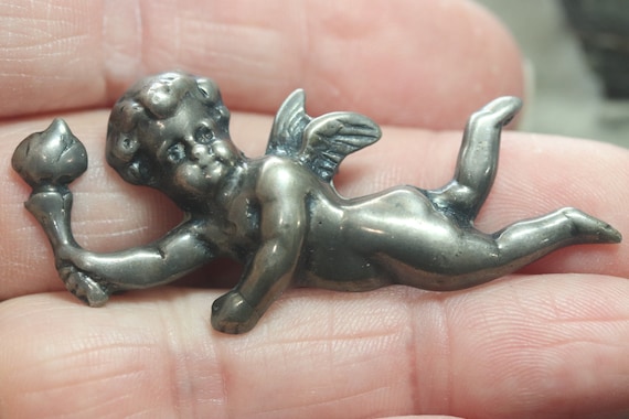 Old Vintage Sterling Silver Cupid Brooch Pin - image 1