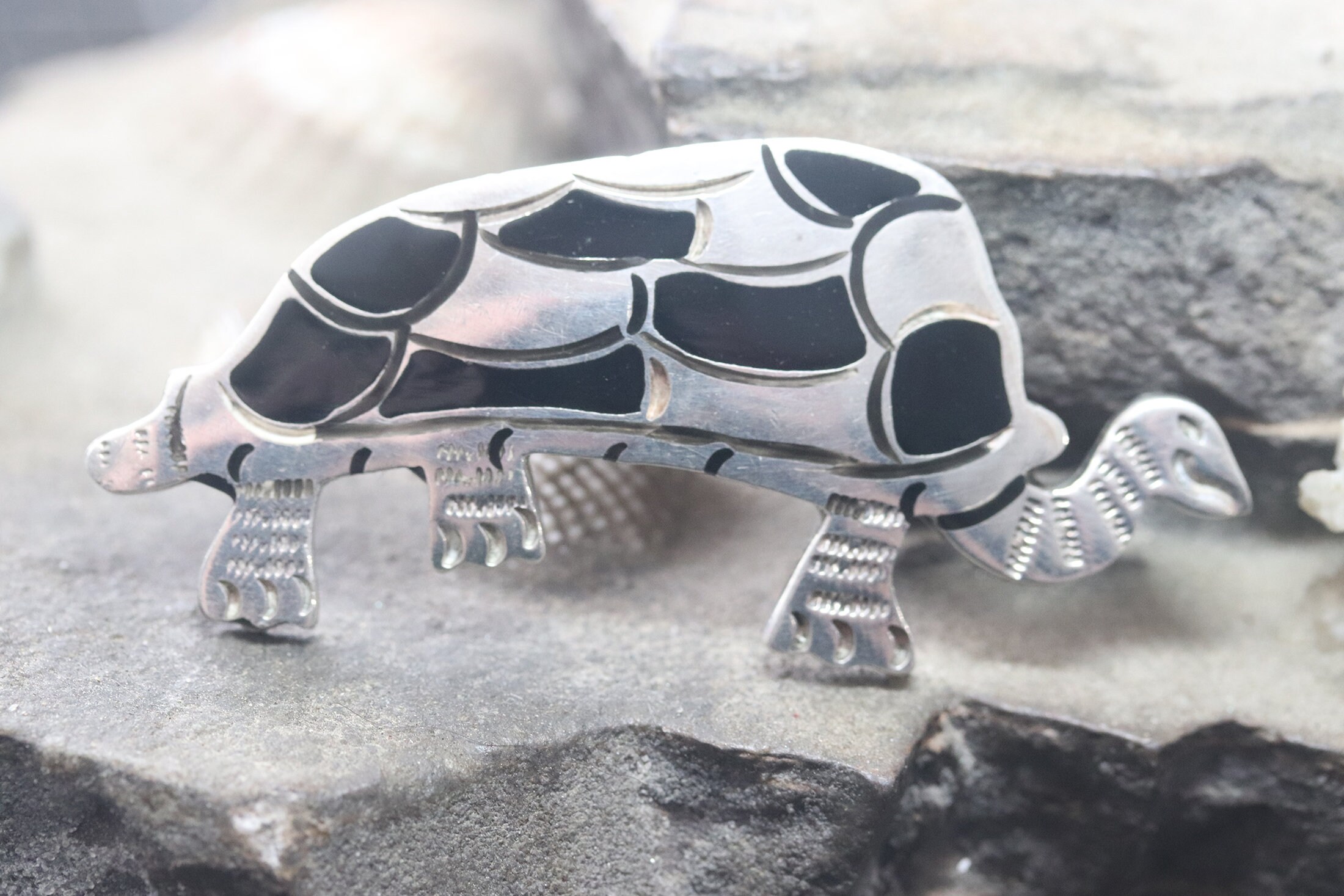 Old Vintage Taxco Turtle Sterling Silver Enamel Signed Brooch Pin