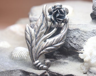 Old Vintage Sterling Silver Rose Flower Brooch