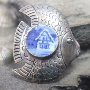 Antiguo broche de pescado firmado en plata esterlina vintage