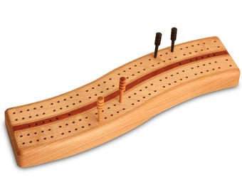 Cherry Wood Cribbage Board, Curved Cribbage Board with Pegs, Made in the USA, Grandpa Gift Game Set, Unique S Curve Cribbage Boards