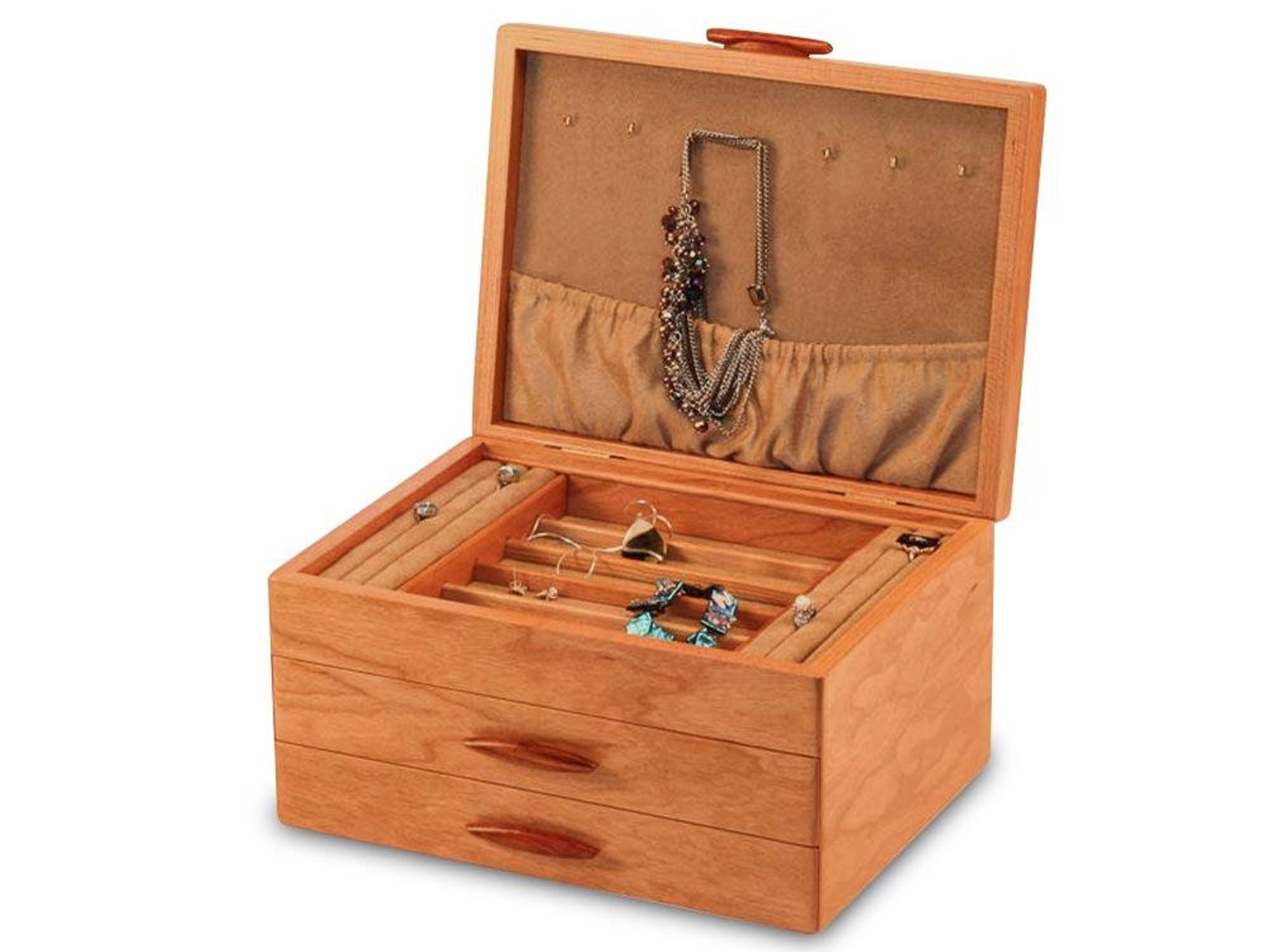 Cherry Wood Jewelry Box With Quilted Maple Top Two Drawer Etsy