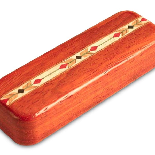 Native American Feather and Arrows Inlay  Padauk Box 4" Med Narrow, Unique Secret Box, Southwestern Style Small Wooden Box - Handmade