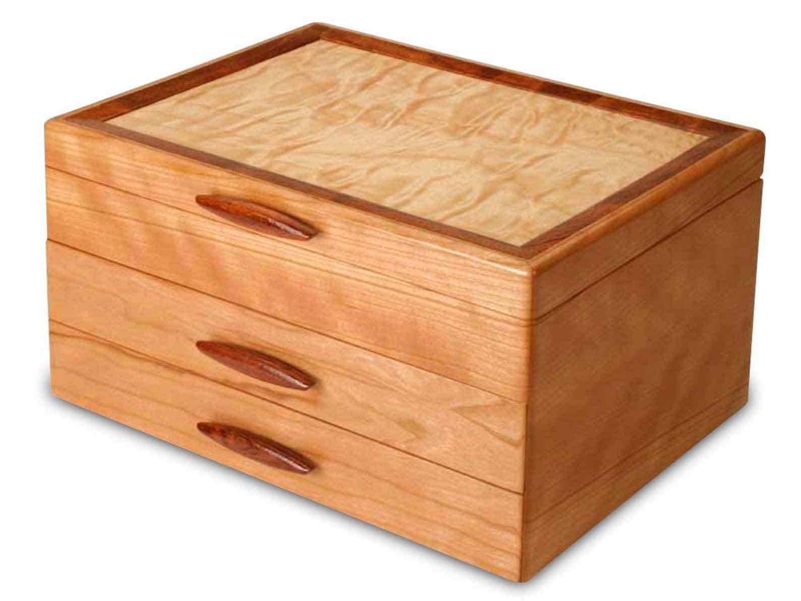 Cherry Wood Jewelry Box With Quilted Maple Top Two Drawer Etsy