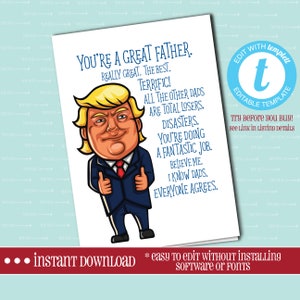 CARTÃO editável de DIA DOS PAIS, presente para o pai, Templett, editável, imprimível, download instantâneo, presente de dia dos pais, dia dos pais, Trump, engraçado