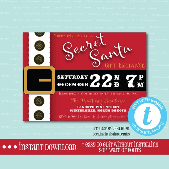 Editable SECRET SANTA INVITATION,Templett, Christmas, Gift Exchange, Holiday, White Elephant, Party, Digital File, Instant Download