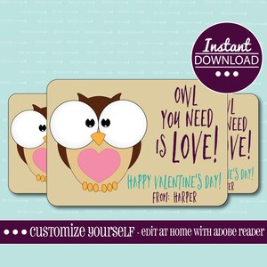 CUSTOM VALENTINE CARDS, Owl You Need Is Love, Owl, Customizable, Printable, Valentine, Valentine&#39;s Day, Kids, Printable Valentine Card