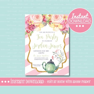 Tea Party Birthday Invitation - Pink - EDITABLE - INSTANT DOWNLOAD - Editable File - Customize - Edit Yourself with Adobe Reader-Printable