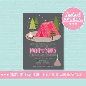 May include: A printable invitation for a camping-themed birthday party. The invitation features a pink tent with white polka dots, a campfire, and stars. The text on the invitation reads "Night Under the Stars" to celebrate Kariss's 10th birthday. The invitation includes the date, time, and location of the party.
