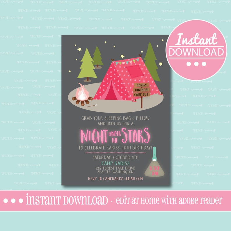May include: A printable invitation for a camping-themed birthday party. The invitation features a pink tent with white polka dots, a campfire, and stars. The text on the invitation reads "Night Under the Stars" to celebrate Kariss's 10th birthday. The invitation includes the date, time, and location of the party.