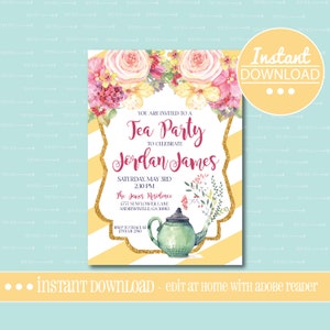 Tea Party Birthday Invitation - Yellow - EDITABLE - INSTANT DOWNLOAD - Editable File - Customize - Edit Yourself with Adobe Reader-Printable