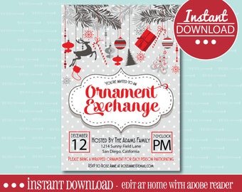 CHRISTMAS PARTY INVITATION, Editable, Printable, Ornament Exchange, Christmas, Gift Exchange, Holiday, White Elephant, Party, Digital File