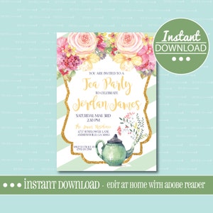 May include: A teal and gold tea party invitation with a floral design and a teapot illustration. The invitation is for Jordan James's tea party on Saturday, May 3rd at 2:30 PM. The address is 4757 Sunflower Lane, Andrewsville, GA 30063. RSVP to 770-128-2300.