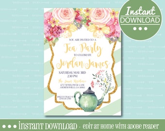 Tea Party Birthday Invitation - Green - EDITABLE - INSTANT DOWNLOAD - Editable File - Customize - Edit Yourself with Adobe Reader-Printable
