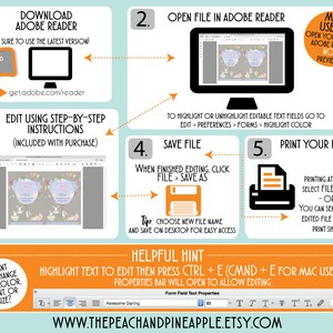 May include: A step-by-step guide on how to edit and print a printable file using Adobe Reader. The guide includes instructions on how to highlight text fields, save the file, and print the file. The guide also includes a helpful hint on how to edit text fields using the keyboard shortcut Ctrl + E.