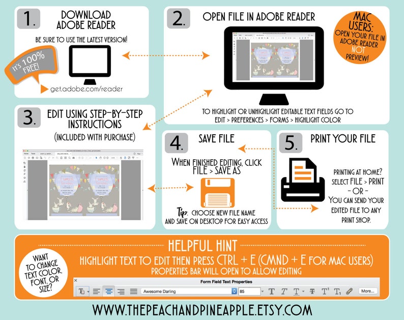 May include: A step-by-step guide on how to edit and print a printable file using Adobe Reader. The guide includes instructions on how to highlight text fields, save the file, and print the file. The guide also includes a helpful hint on how to edit text fields using the keyboard shortcut Ctrl + E.