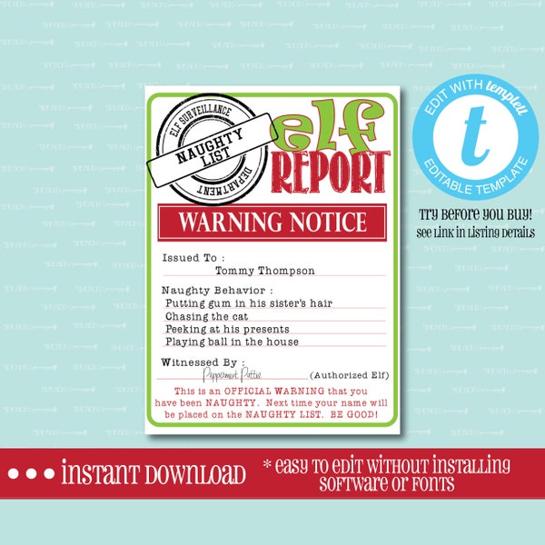 EDITABLE ELF Naughty List WARNING, Templett, Digital, Elf Printable, Elf Cards, Santa, Warning, Naughty List, Printable, Instant Download