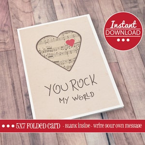 You Rock My World TARJETAS DE SAN VALENTÍN IMPRIMIBLES, San Valentín, Imprimible, Amor, Día de San Valentín, Carta, Tarjeta, Aniversario, Plegado, 5x7
