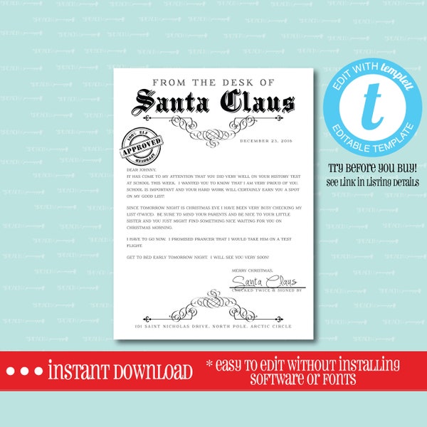 Editable SANTA CLAUS LETTERHEAD, Templett, Santa, Santa Letter, Editable, Christmas, Elf, Santa Claus, Christmas Letter, Kids, Family, Magic