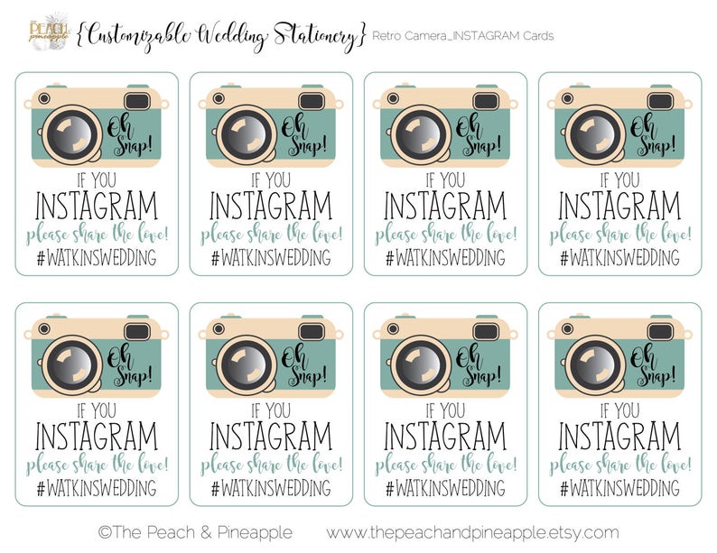 Customizable INSTAGRAM HASHTAG CARDS, Wedding,instant Download,retro, Camera, Photo Sharing