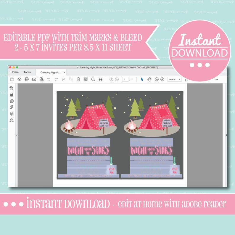 May include: Printable invitation template for a camping-themed birthday party. The design features a pink tent with a campfire and trees. The text on the invitation reads "Night Under the Stars" and includes a time of 5:30 PM. The template is editable and includes trim marks and bleed for easy printing.