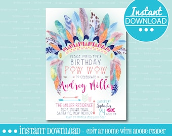 Tribal Birthday Party Invitation - EDITABLE - INSTANT DOWNLOAD - Editable File - Customize - Edit Yourself with Adobe Reader-Printable