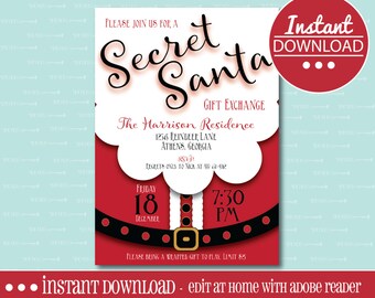 SECRET SANTA INVITATION, Editable, Printable, Christmas, Gift Exchange, Holiday, White Elephant, Party, Digital File, Instant Download