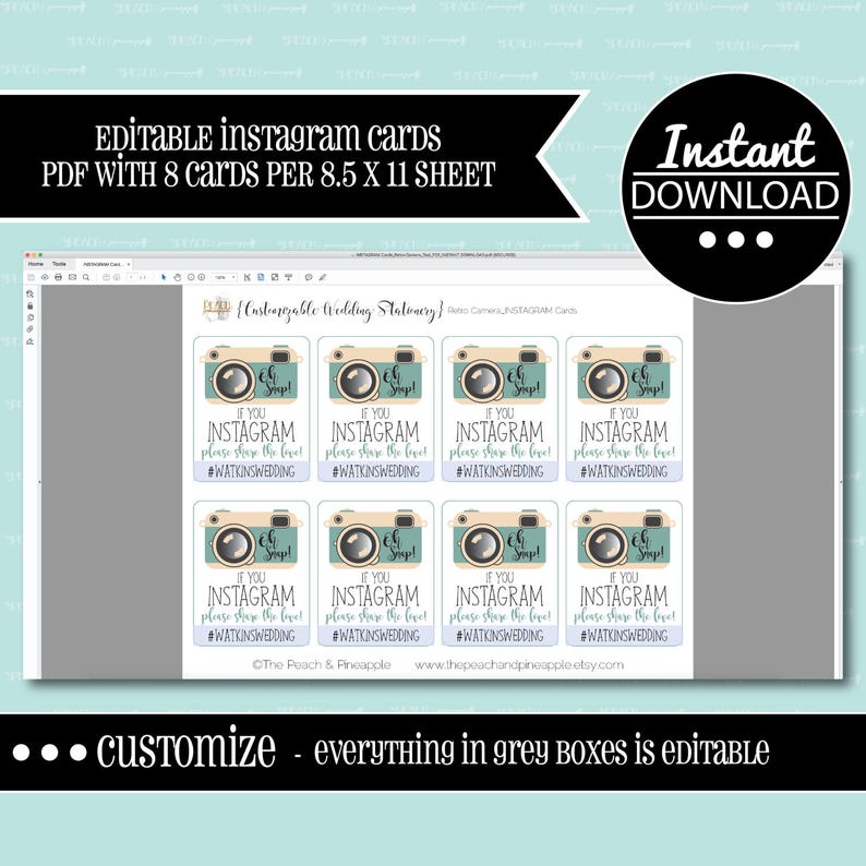 Customizable INSTAGRAM HASHTAG CARDS, Wedding,instant Download,retro, Camera, Photo Sharing