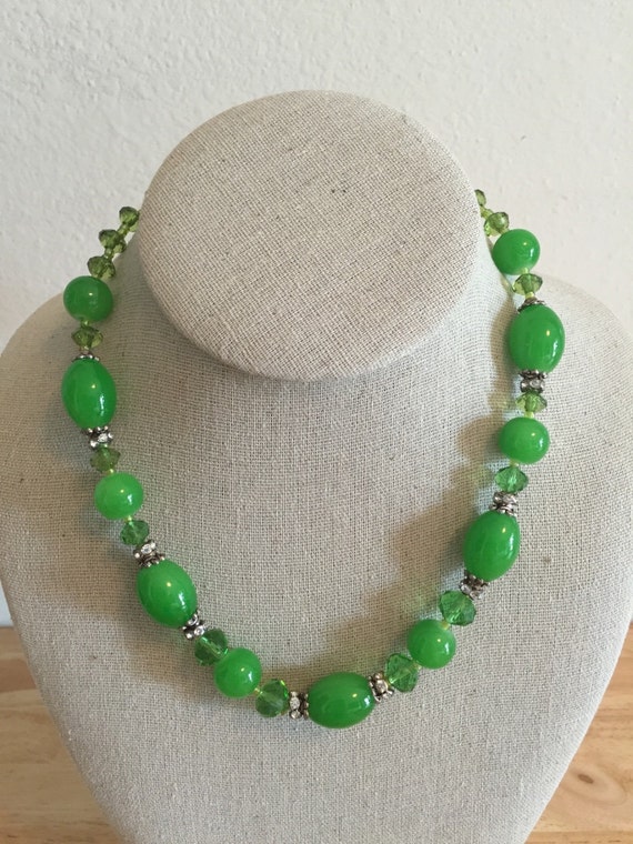Green Glass Beads and Rhinestones Necklace
