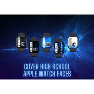 Könnte beinhalten: Fünf verschiedene Apple Watch-Zifferblätter mit einem blau-weißen Logo mit dem Text "#WILDCATS" und "#CHAMPS". Der Text "GUYER HIGH SCHOOL APPLE WATCH FACES" wird unter den Uhren angezeigt.