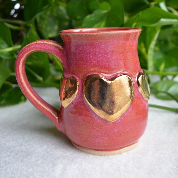 12oz Bright Pink Triple Heart Mug with 22K Gold Heart, Triple Moon Goddess