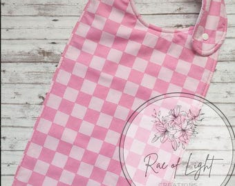 LONG Pink Checker Special Needs Bib for big kids, youth and teens
