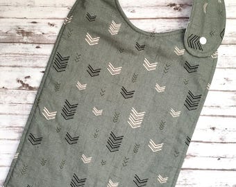 LONG Special Needs Bib - Sage Arrow for big kids, youth, and teens, absorbent waterproof side snap, dysphagia, ALS, Parkison's