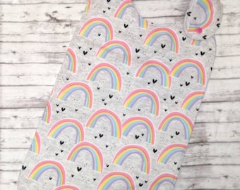 LONG Special Needs Bib for big kids youth, teens, Gray Heather Rainbow Hearts, absorbent waterproof side snap, dysphagia, ALS, Parkison's