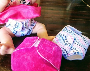 Reuseable Baby Alive Doll Style Diapers 3 pack, washable NEW wipes holder add on Custom diaper gift bag sets available