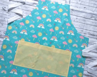 Hello Sunshine Youth Apron for cooking, baking, art, crafting, unisex, colorful rainbow
