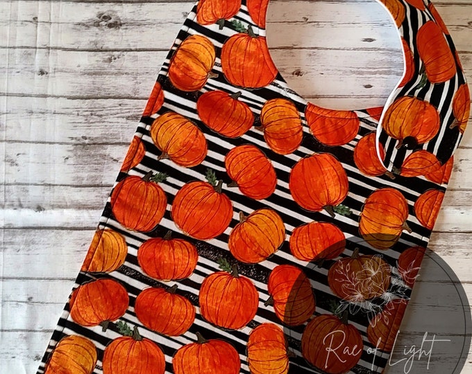 Featured listing image: LONG Pumpkin Black Stripe Special Needs Bib for big kids, youth and teens