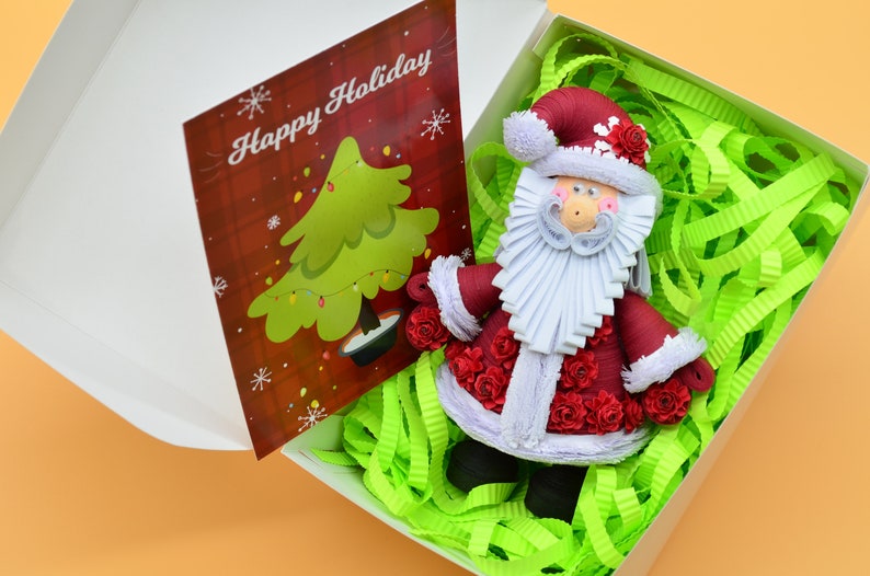 Quilling art, Dark red Christmas figurine Dark red Santa Claus, figurine Santa Dark red gift for girl Christmas gift box