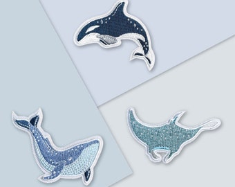 Gentle Giants | Marine Animal Embroidery Iron-on Patch, Manta Ray, Humpback Whale, Orca Patches, Embroidered Aquatic Animals, Sea Creatures