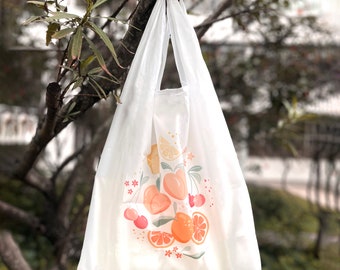 Fruit Orchard Reusable Foldable Grocery Bag - Fruits, Floral Print, Eco-friendly bag, Shopping bag, Foldable travel bag, Bag pouch