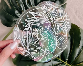 Tropicana Suncatcher  | Holographic rainbow sticker, Vinyl sticker decal, Rainbow maker, Window Decal, Plant lover, Tropical, Monstera, Palm