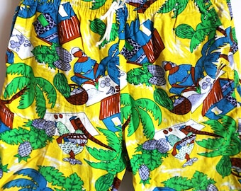 Pantalones cortos de playa amarillos vintage: bañador de algodón de los 90 - Talla M