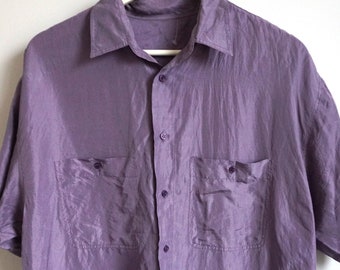 Vintage Mens Silk Shirt / Buttons down / Pure 100 % Silk / Medium / M / Hippie / Shirts / Hawaiian / Vacation / Purple / Blue / Vacay