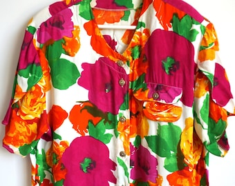 Vintage 90s Women's Blouse / Top / Blouses / Floral / Buttons down / Large / L / Shirt / Shirts / Colorful / Summer / Spring / Orange