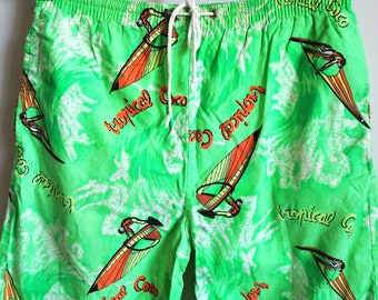 Vintage Bright Green Beach Shorts: 90s Swim Trunks, Medium