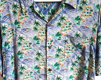 Vintage Men&#39;s Hawaiian Shirt / Hipster / Tropical / Shirts / Hippie / Large / L / Vacay / Beach / palms / vacation / holidays / Hawaii Blue