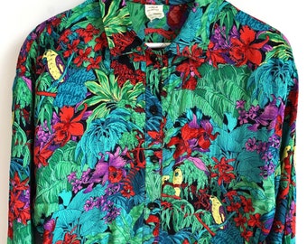 Vintage 90er Damen Bluse / Top / Blusen / Blumen / Blumen / Tropisch / Grüne Blätter / Medium M / Shirt / Shirts Hawaii Urlaub / Crop