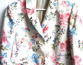 Vintage Women's Blazer / Floral /  Flowers / Peonies / Romantic Jacket / Light Suit M / Medium / Spring Summer White